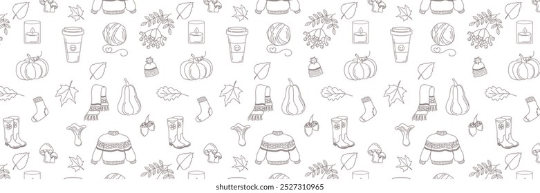 Hand drawn fall designs, seamless pattern. Scarf, candle, hot coffee, tea,socks, sweater, scarf with hat, ball of wool threads, leaves, berries, acorns and mushrooms. Cozy fall collection. Vector