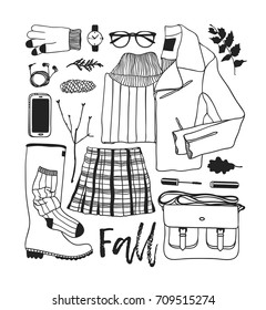 Hand drawn fall fashion illustration. Creative ink art work. Actual vector drawing. Autumn set: glove, watch, glasses, phone, headphones, jumper, jacket, skirt, boots, socks, bag