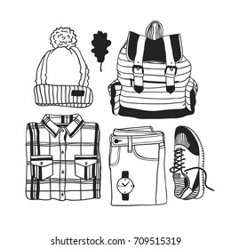 Hand drawn fall fashion illustration. Creative ink art work. Actual vector drawing. Autumn set: hat, backpack, shirt, jeans, watch, sneakers