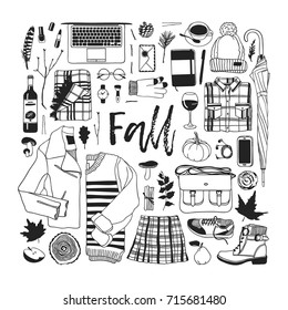 Hand drawn fall fashion illustration. Creative ink art work. Actual vector drawing. Autumn set: jacket,  jumper, skirt, glove, watch, glasses, phone, headphones, boots, socks, bag, umbrella, hat