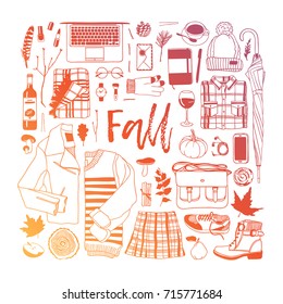 Hand drawn fall fashion illustration. Creative ink art work. Actual vector drawing. Autumn set: jacket,  jumper, skirt, glove, watch, glasses, phone, headphones, boots, socks, bag, umbrella, hat