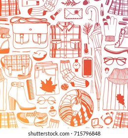 Hand drawn fall fashion illustration. Creative ink art work. Actual vector seamless pattern. Autumn set: watch, glasses, phone, headphones, jumper, skirt, boots, socks, bag, umbrella, hat