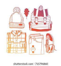 Hand drawn fall fashion illustration. Creative ink art work. Actual vector drawing. Autumn set: hat, backpack, shirt, jeans, watch, sneakers