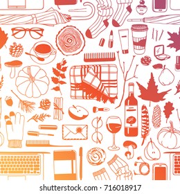 Hand drawn fall fashion illustration. Creative ink art work. Actual vector seamless pattern. Autumn set: plaid, pumpkin, laptop, wine, leaf, twig, coffee, socks