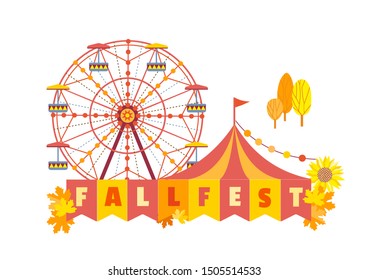 Hand drawn Fall fest entertainment flat color vector icon. Fall fair event design element. Autumn festival fun enjoy rides template. Traditional fest autumn fair tent Ferris wheel cartoon illustration