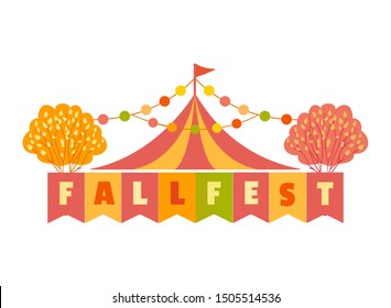 Hand drawn Fall fest tent simple flat color vector icon. Fall fair event design element. Autumn harvest fun festival template. Traditional fest tent silhoutte sign at autumn fair cartoon illustration