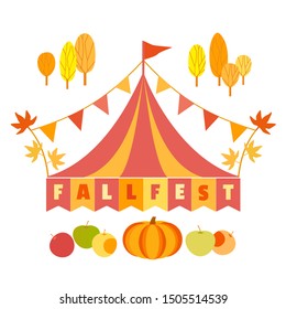 Hand drawn Fall fest tent simple flat color vector icon. Fall fair event design element. Autumn harvest fun festival template. Traditional fest tent silhoutte sign at autumn fair cartoon illustration