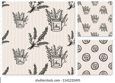 Hand drawn fall forest patterns. Set of wedding designs for cards, invitations. Rustic forest elements on stripped backdrop.