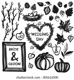 Hand drawn fall forest vintage decoration items. Set of isolated floral rustic autumn wedding decorative symbols and elements. Black outline on white background. Seamless pattern design.