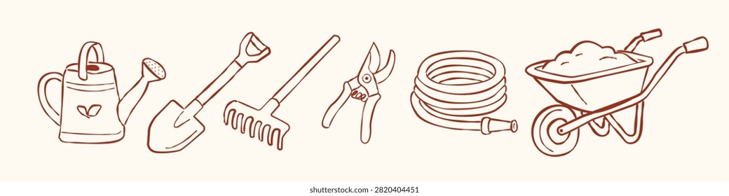 Hand drawn fall gardening tools for Thanksgiving, harvest and farmhouse decor.