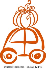Ícone de queda desenhado à mão. Clipart de outono. Logotipo da tinta. Carro antigo com abóbora 