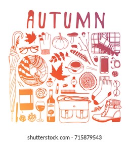 Hand drawn fall illustration. Creative ink art work. Actual vector drawing. Doodle style fall season set:umbrella, glove, glasses, coffee, pumpkins, plaid, phone, bag, boots, socks, wine, sketchbook