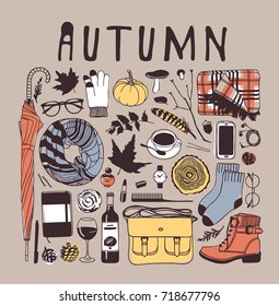 Hand drawn fall illustration. Creative ink art work. Actual vector drawing. Doodle style fall season set:umbrella, glove, glasses, coffee, pumpkins, plaid, phone, bag, boots, socks, wine, sketchbook