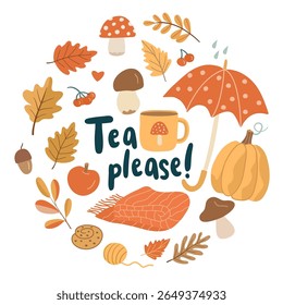 Hand drawn fall illustration with tea mug, pumpkin, umbrella, blanket, cookies, leaves, and Tea please! lettering. Perfect for cozy greeting cards and seasonal autumn designs