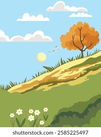 Hand drawn fall landscapewith plants, trees, sun, and clouds. Vector cartoon nature pattern.