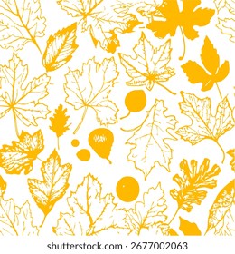 Hand Drawn Fall Leaves and Cones Background, vector seamless pattern with hand drawn leaves, autumn background, wallpaper, textile design, web page, invitation card, cover, fabric, texture