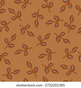 Hojas de otoño dibujadas a mano sobre fondo marrón. Ilustración vectorial con hojas marrones y líneas azules. 