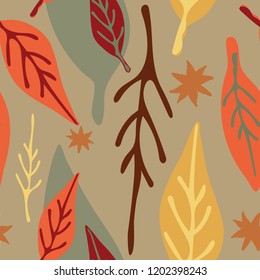 Hand drawn fall leaves and shapes in autumn colors. Tossed design- seamless vector repeat pattern. Cards, textiles, paper, scrapbooking, gift wrap, packaging, graphic design elements, invitations. 