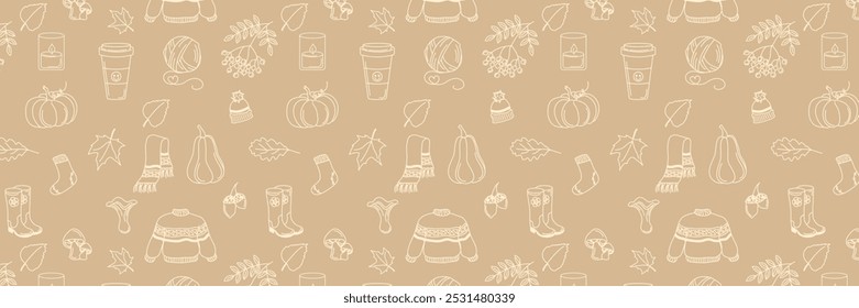 Patrones de otoño dibujados a mano sobre fondo marrón claro, Plantilla sin costuras. Bufanda, vela, café caliente, té, calcetines, suéter, bufanda y sombrero, bola de hilo de lana, hojas, bayas, bellotas y setas.