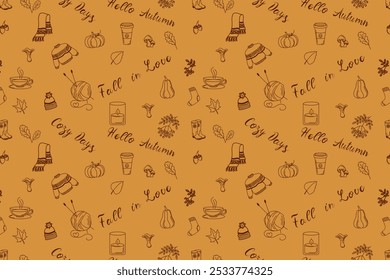 Hand drawn fall template on orange background Cozy Days, Hello Autumn, Fall in Love. Scarf, candle, mountain ash, tea, sweater, scarf and hat, ball of wool thread, leaves, acorns and mushrooms