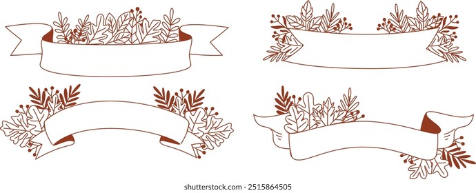 Hand Drawn Fall Themed Line Art Ribbon Illustrations Featuring Autumn Leaves and Seasonal Elements