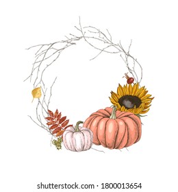 Hand drawn fall wreath with pumpkins, autumn leaves and sunflowers. Thanksgiving background. Hand drawn illustration in retro style