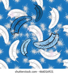 Hand Drawn Falling Feather Seamless Pattern. Delicate and airy background with down and feathers