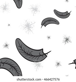 Hand Drawn Falling Feather Seamless Pattern. Delicate and airy background with down and feathers