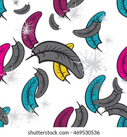 Hand Drawn Falling Feather Seamless Pattern. Delicate and airy background with down and feathers