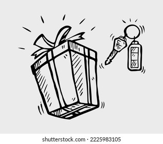 Regalo de dibujo a mano con llave de coche en estilo doodle.Regalo de esbozo. Ilustración vectorial sobre fondo blanco.