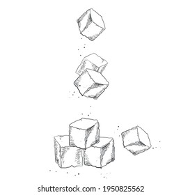 Hand drawn falling sugar cubes. Isolated on white background Blocks of Ice Salt or Sugar falling down. Elements for web designs Vector illustration. Textile Prints Interior or menu design or any else.