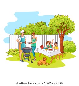 Hand drawn family at barbeque garden party . Sketch Man, father cooker standing near bbq grill preparing meat steak, mother takes food for son, daughter sitting at table under apple tree with dog near