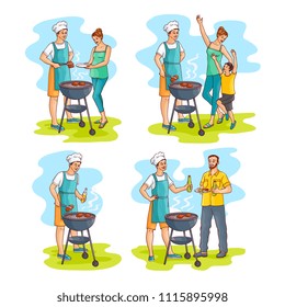 Hand drawn family at barbeque party scenes set. Man, father chief cooker standing near bbq grill preparing meat steak, mother young woman with son having fun. Vector sketch style illustration isolated