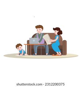 Hand drawn family doing different activities, every day life illustrations, family routine life vector illustration on white background