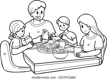 Hand Drawn family eating food on the table illustration in doodle style isolated on background