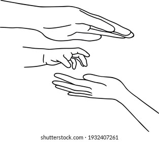 Hand drawn family hands vector illustration. Line art female, male and baby hands. Mom, dad, and child social illustration. Concept for logo, card, banner, poster, wall art, flyer. Abstract family