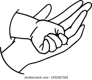 Hand drawn family hands vector illustration. Line art female or male and baby hands. Mom, dad, and child social illustration. Concept for logo, card, banner, poster, wall art, flyer. Abstract family