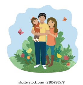 Hand drawn family illustration. Mother, father and child together in park.