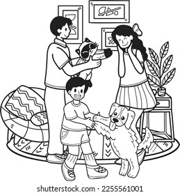 Hand Drawn Family playing with dog and cat in living room illustration in doodle style isolated on background
