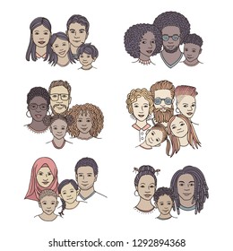 Hand drawn family portraits, parents and children from diverse ethnicities