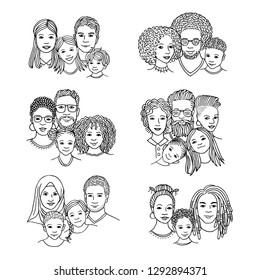 Hand drawn family portraits, parents and children from diverse ethnicities, black ink illustration