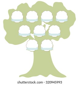 Hand drawn family tree with hanging labels.  Green silhouette of the oak isolated on white background. Vector
