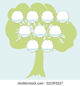 Hand drawn family tree with hanging labels. Green silhouette of the oak isolated on blue background. Vector illustration