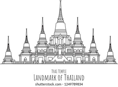 Hand drawn famous landmark vector of Temple in Thailand, Shaped like a multi storeyed pagoda,isolated vector illustration.