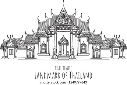 Hand drawn famous landmark vector of Temple in Thailand, Shaped like a multi storeyed pagoda,isolated vector illustration.