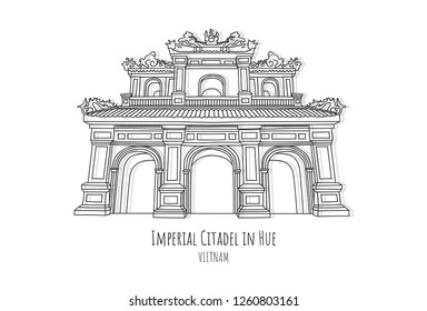 Hand drawn famous landmark vector of Imperial Citadel in Hue in vietnam,isolated vector illustration.