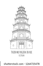 Hand drawn famous landmark vector of Thien Mu Pagoda in Hue,Vietnam, isolated vector illustration