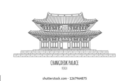 Hand drawn famous landmark vector of changdeokgung palace,Seoul,South Korea, isolated vector illustration, Outline  Business Travel and Tourism Concept. Presentation, Banner, Postcard 