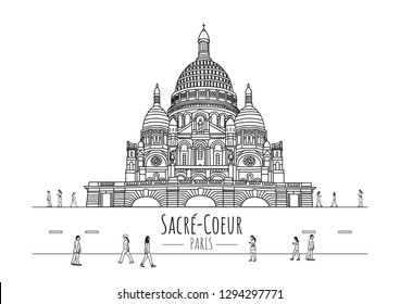 Hand drawn famous landmark vector of  Sacre-Coeur Basilica( Basilica of the Sacred Heart of Paris) ,France, isolated vector illustration,people walk in front