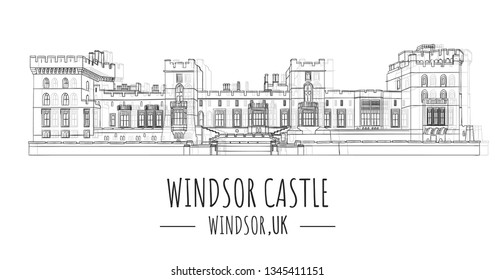 Dibujo manual del famoso vector de referencia del Palacio de Windsor, Reino Unido, ilustración vectorial aislada